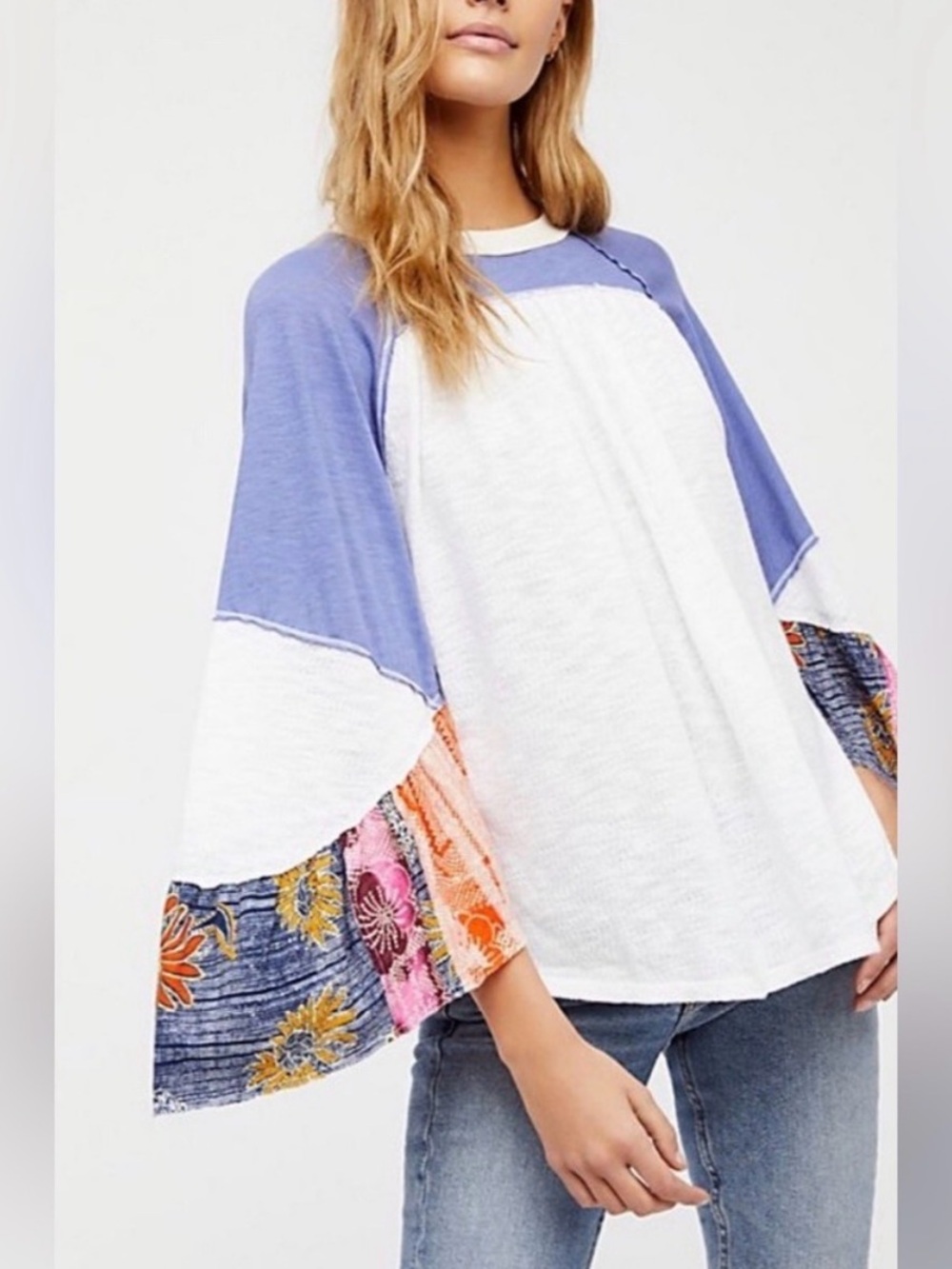 We The Free Blue and Cream Boho Patchwork Bell Sleeve Tunic